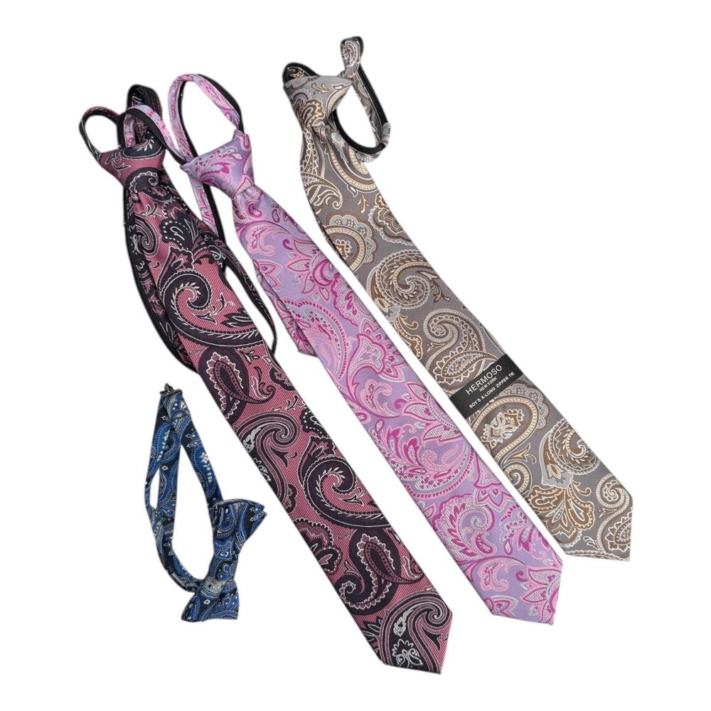Hermoso Neck Tie Set Boys One Size Multicolor Paisley Zipper Ties Bow Dressy